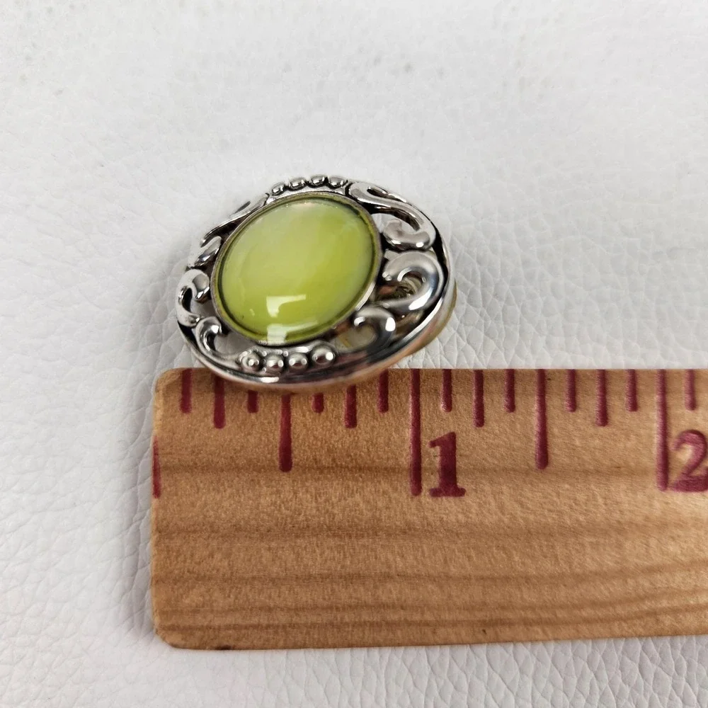 Vintage Jewelry Set Pendant and Earrings Lime Green Silver Tone Scrollwork